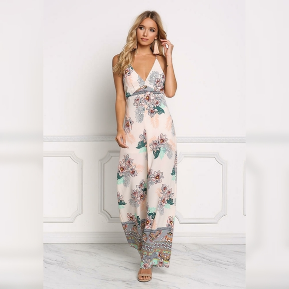 LOVE CULTURE | Peach Tropical Lace Up Jumpsuit - Picture 3 of 10